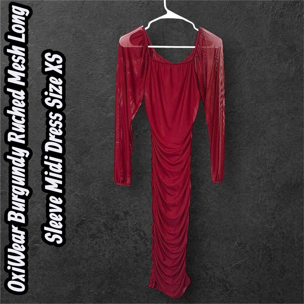 Preowned OxiWear Burgundy Ruched Mesh Long Sleeve Midi Dress Size XS